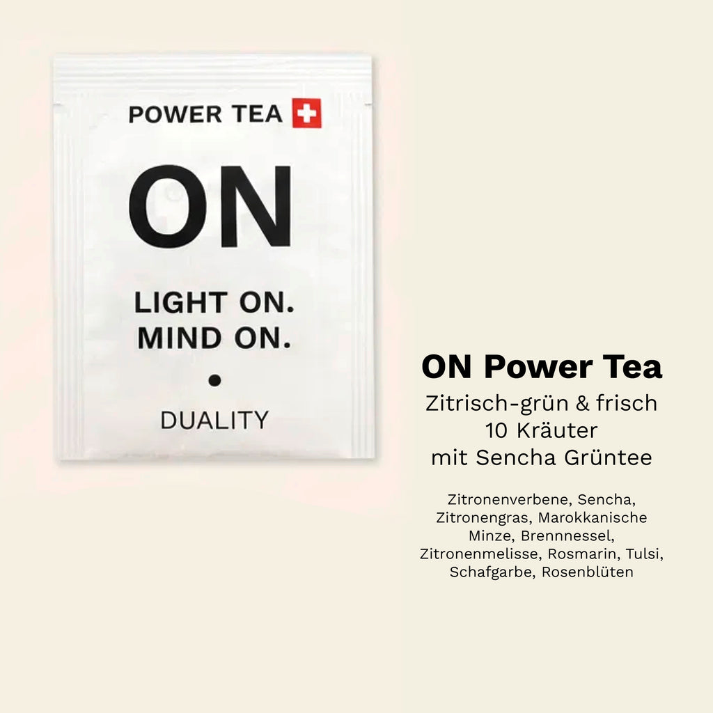 ON Power Tea mit Sencha Grüntee und zehn Kräutern: frisch, zitrisch und grün im Geschmack.