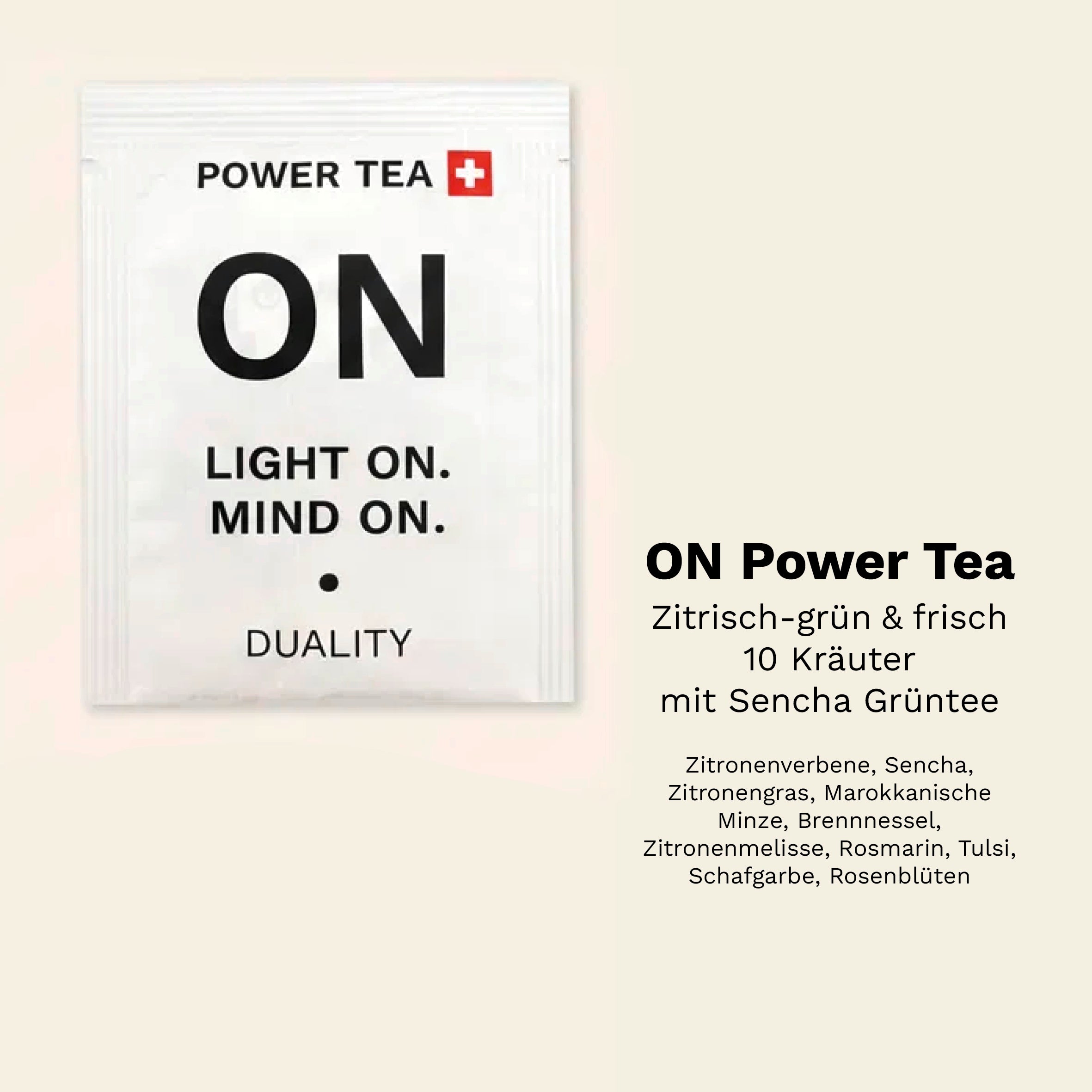 ON Power Tea mit Sencha Grüntee und zehn Kräutern: frisch, zitrisch und grün im Geschmack.