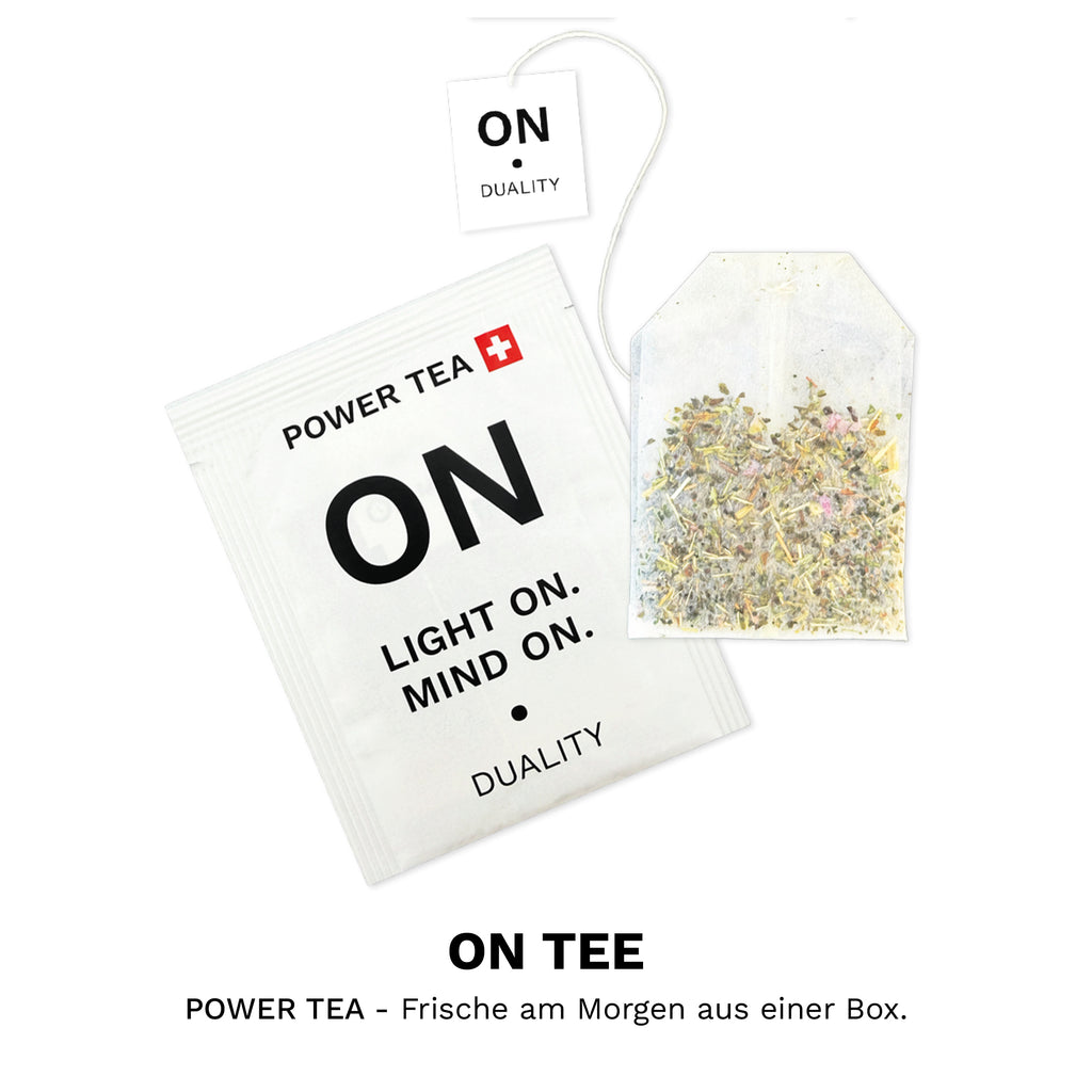 ON Power Tea mit Kräuter-Teebeutel – Schweizer Morgentee mit Sencha Grüntee und zehn Kräutern.