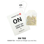 ON Power Tea mit Kräuter-Teebeutel – Schweizer Morgentee mit Sencha Grüntee und zehn Kräutern.