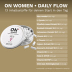 ON Women Daily Flow mit geöffneter Dose und Übersicht der 13 Inhaltsstoffe pro Tagesportion.