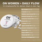 ON WOMEN Daily Flow mit geöffneter Dose und Übersicht der 13 Inhaltsstoffe pro Tagesportion.