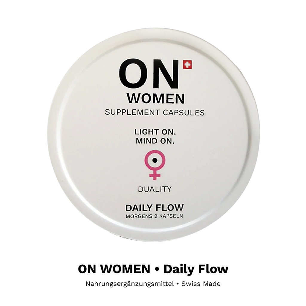 ON WOMEN Daily Flow Nahrungsergänzung in der weissen Dose, Swiss Made.