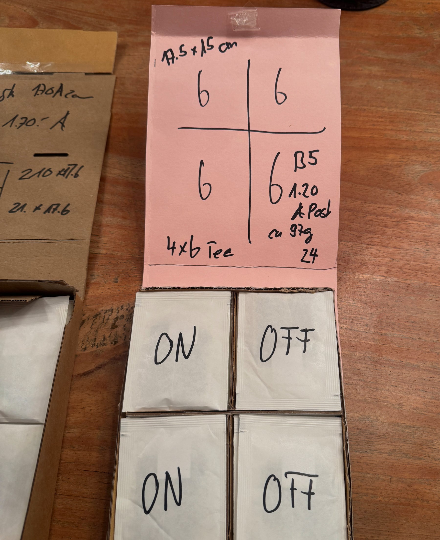 Früher handgefertigter ONOFF Prototyp für die Anordnung der ON und OFF Teebeutel