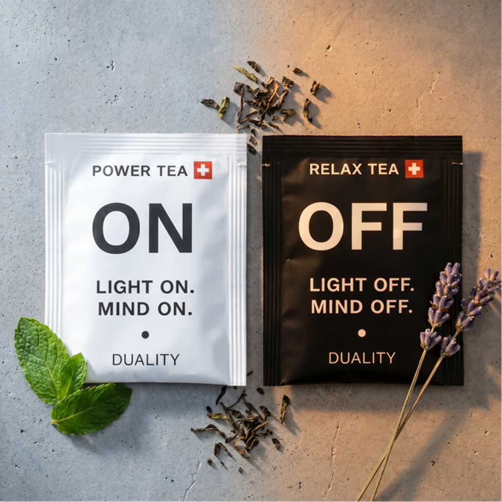 ON Power Tea und koffeinfreier OFF Relax Tea als Schweizer Kräutertee-Duo für Morgen und Abend.