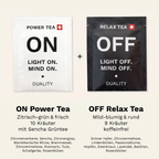 ON Power Tea mit Sencha und zehn Kräutern sowie koffeinfreier OFF Relax Tea mit neun Kräutern.