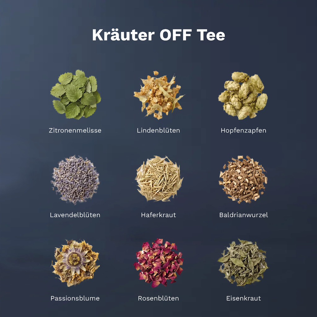 Neun Zutaten des koffeinfreien OFF Relax Tea mit Melisse, Lindenblüten, Hopfen, Lavendel und Baldrian.