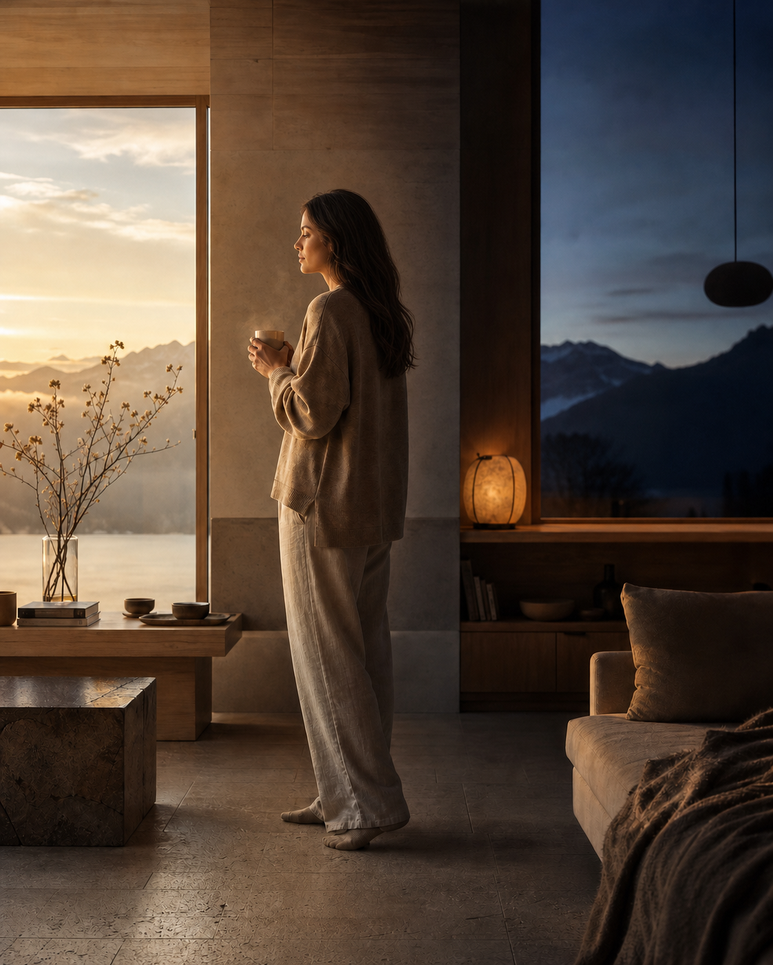 Frau mit Tasse zwischen Morgenlicht und Abendstimmung – das ON•OFF Ritual für Morgen und Abend