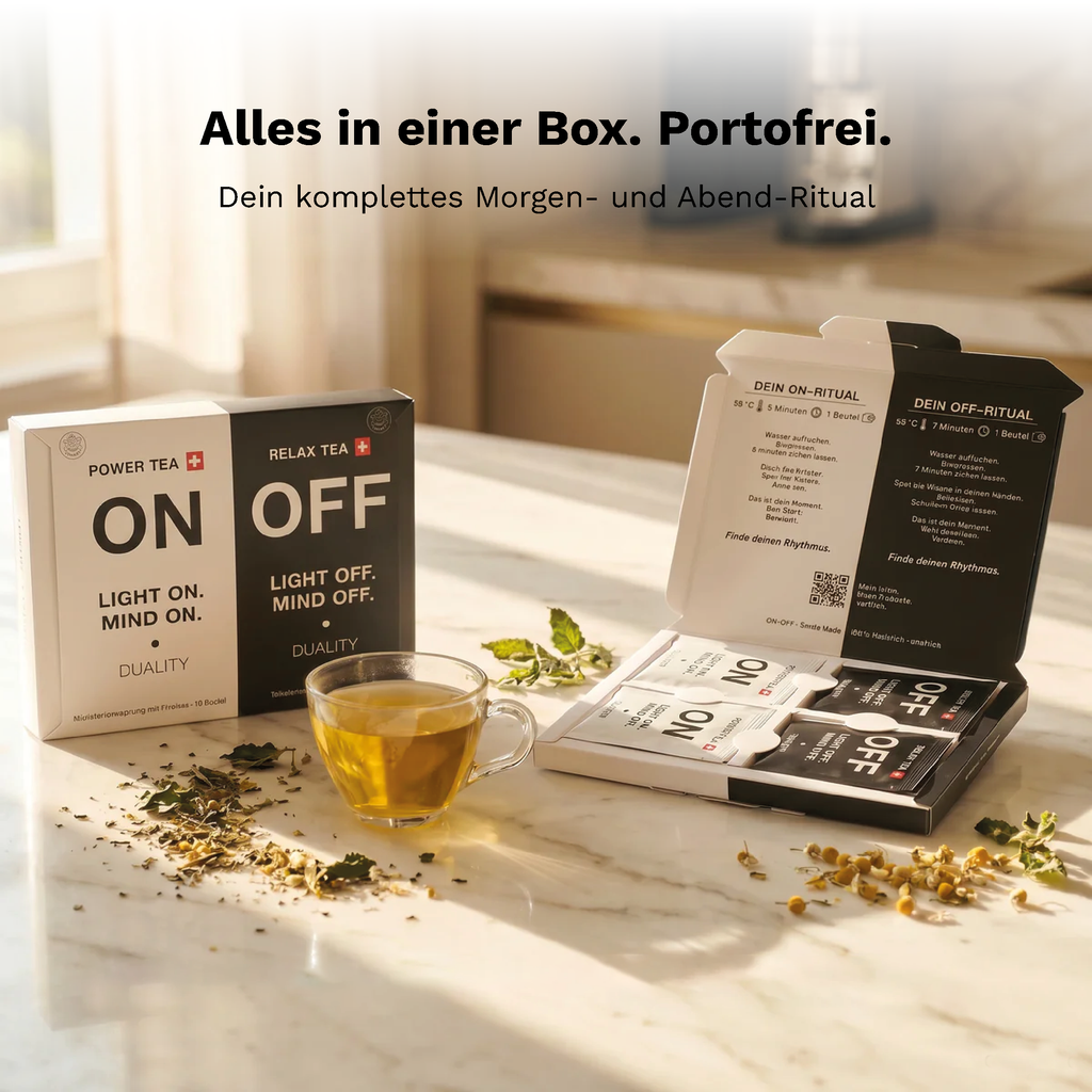 ON • OFF Teebox mit Power Tea, koffeinfreiem Relax Tea, Teebeuteln und Tasse Kräutertee.