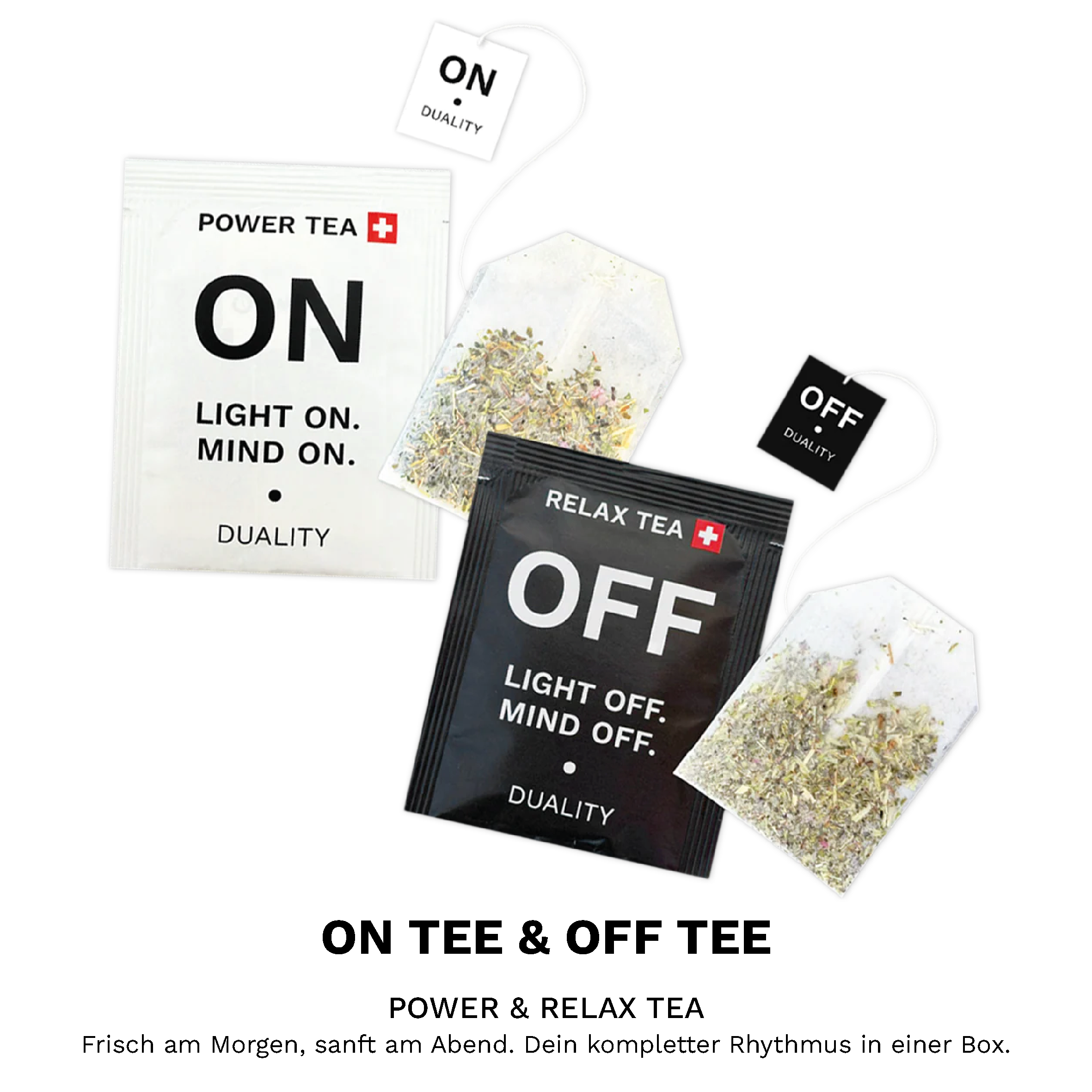 ON • OFF Power Tea und koffeinfreier Relax Tea mit Teebeuteln für Morgen und Abend.