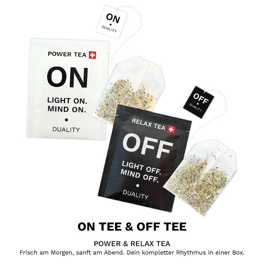 ON•OFF Power Tea und koffeinfreier Relax Tea mit Teebeuteln für Morgen und Abend.
