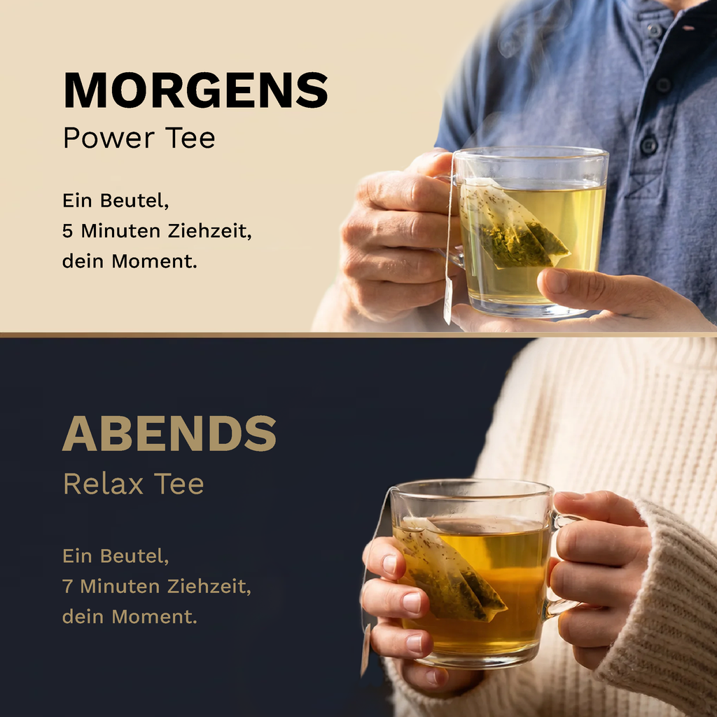 ON • OFF Tee-Ritual: Power Tea mit Sencha am Morgen und koffeinfreier Relax Tea am Abend.