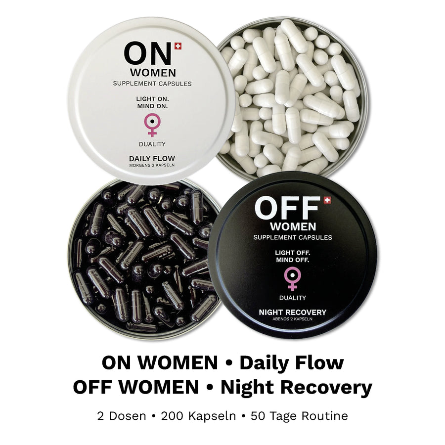 ON•OFF Women Box mit ON Daily Flow und OFF Night Recovery, zwei Dosen mit insgesamt 200 Kapseln.