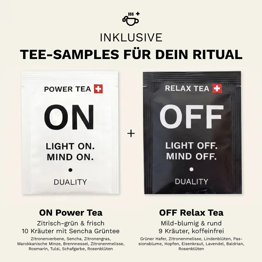Tee-Samples der ON • OFF Women Box mit ON Power Tea für morgens und OFF Relax Tea für abends.