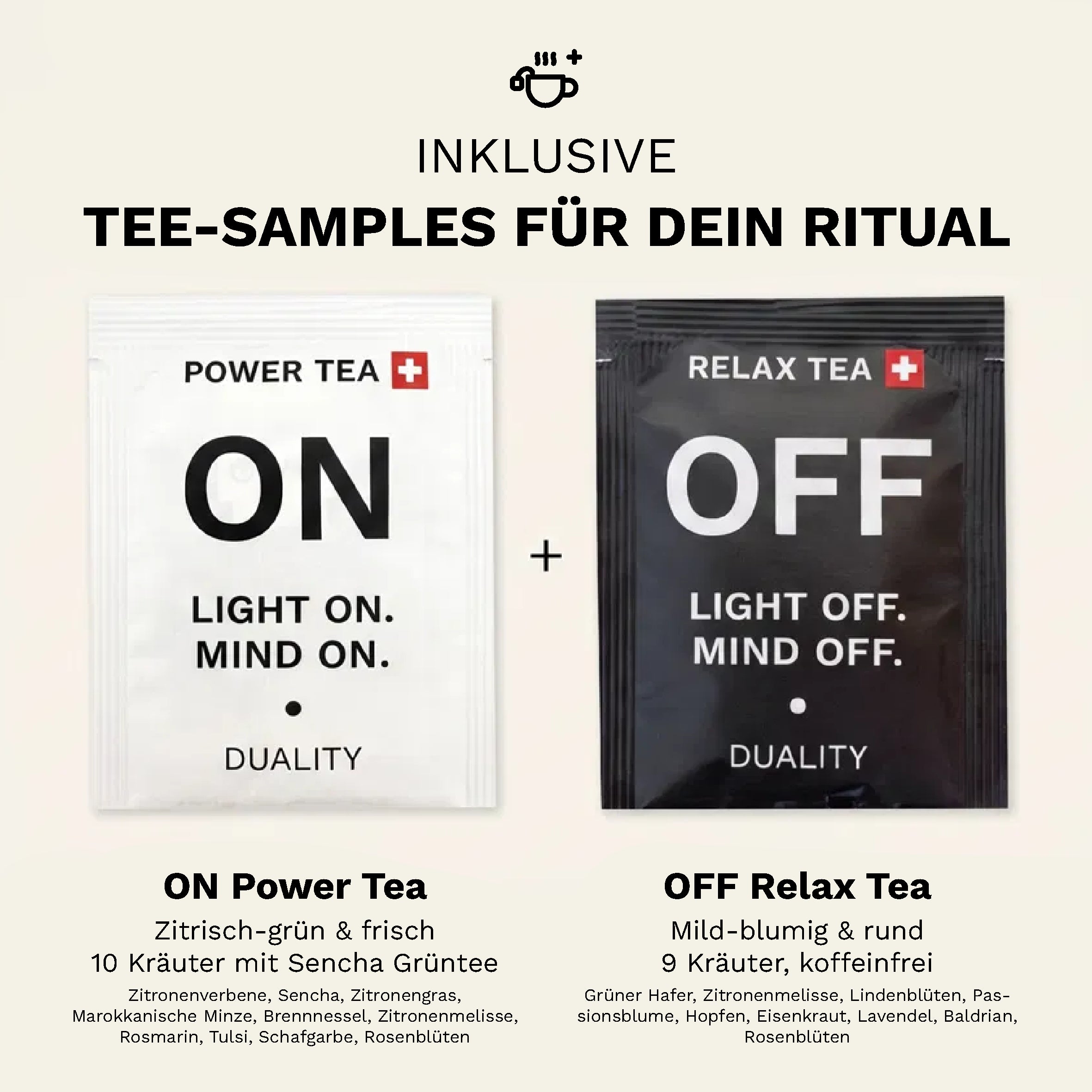 Tee-Samples der ON • OFF Women Box mit ON Power Tea für morgens und OFF Relax Tea für abends.