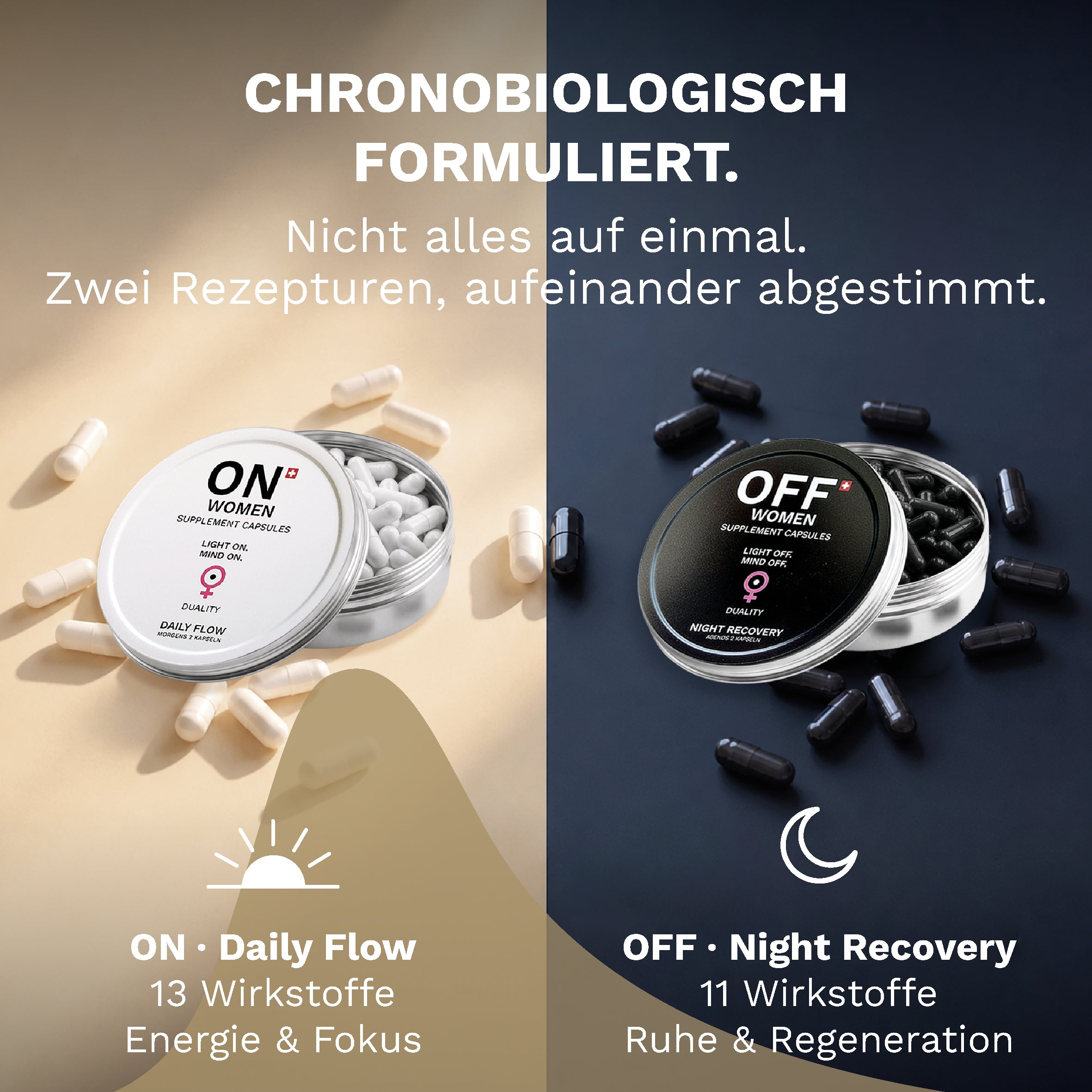 ON Women Daily Flow und OFF Women Night Recovery als getrennte Rezepturen für Morgen und Abend.