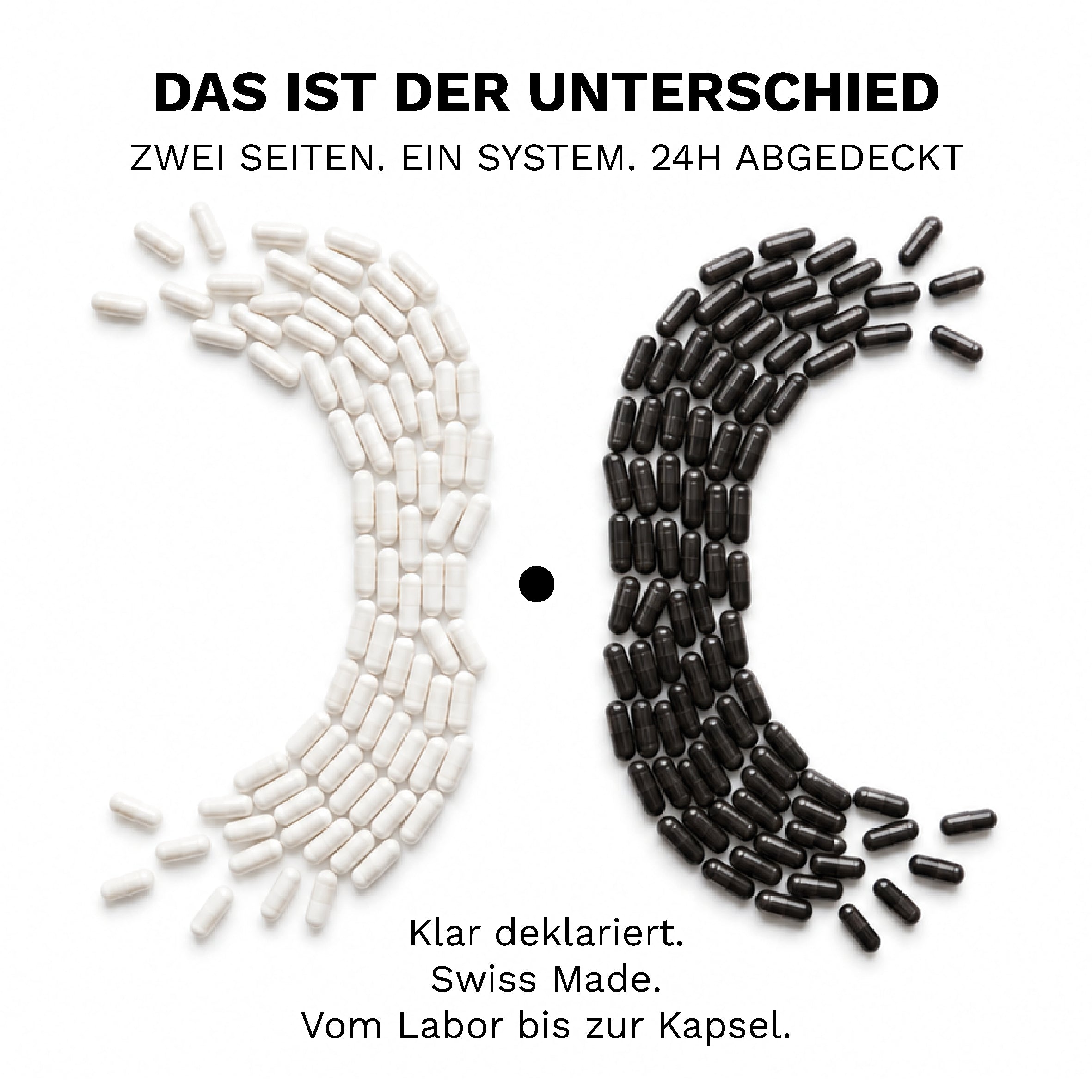 Weisse ON- und dunkle OFF-Kapseln der ON • OFF Women Routine, getrennt für Morgen und Abend.