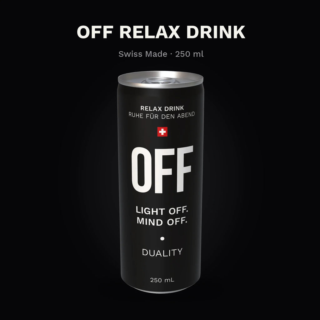 Relax Drink aus der Schweiz: OFF – das koffeinfreie Gegenstück zum Energy Drink mit Kräuterauszug, Magnesium und Glycin.
