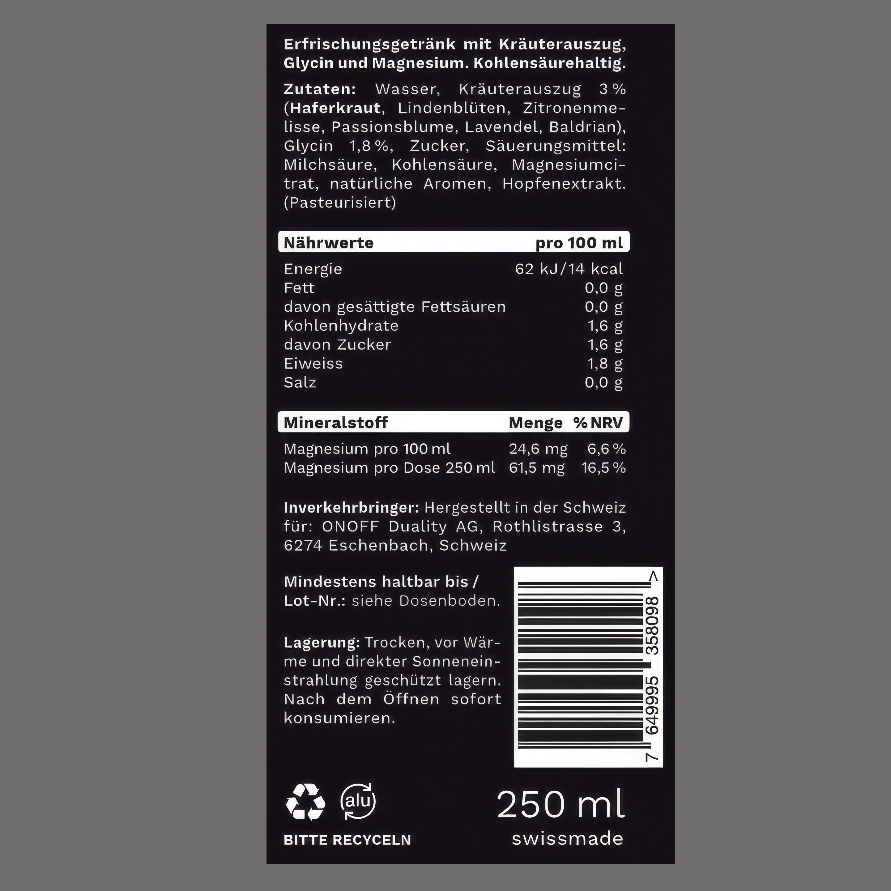Alle Zutaten offen deklariert: OFF Relax Drink – koffeinfreier Schweizer Relax Drink mit Kräuterauszug und Magnesium.